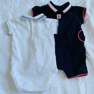 Jacadi Paris onesies, bundle of 2, white and blue, short sleeve, 3 months